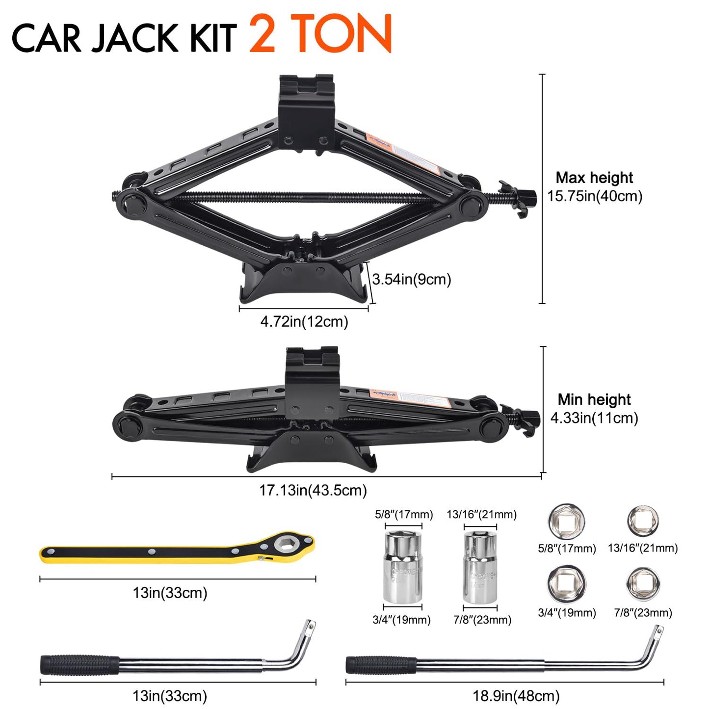 Car jack kit with measurements and tools on a white background