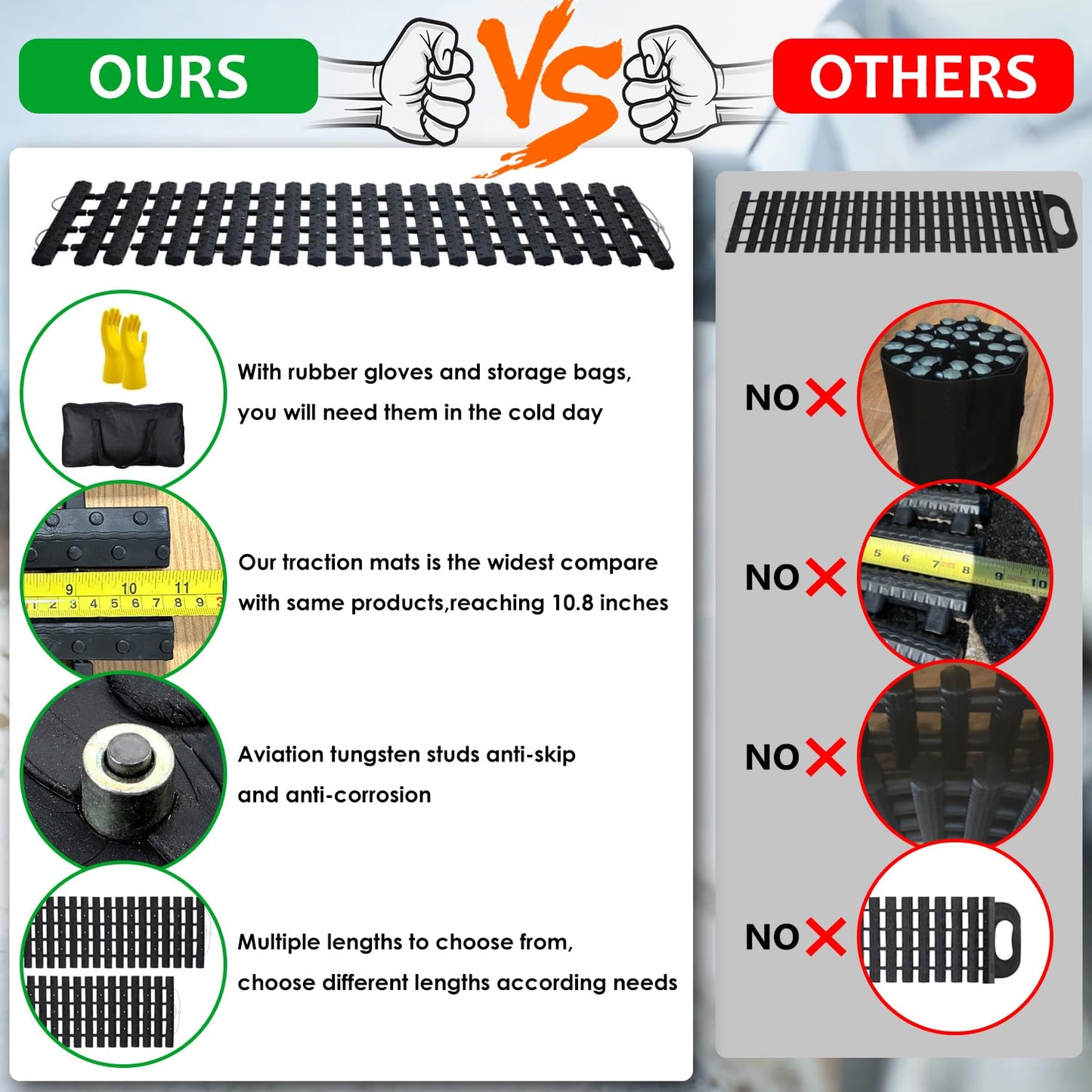 Anti-slip tire traction mats vs competitors comparison with wider grip and tungsten studs for snow and mud recovery