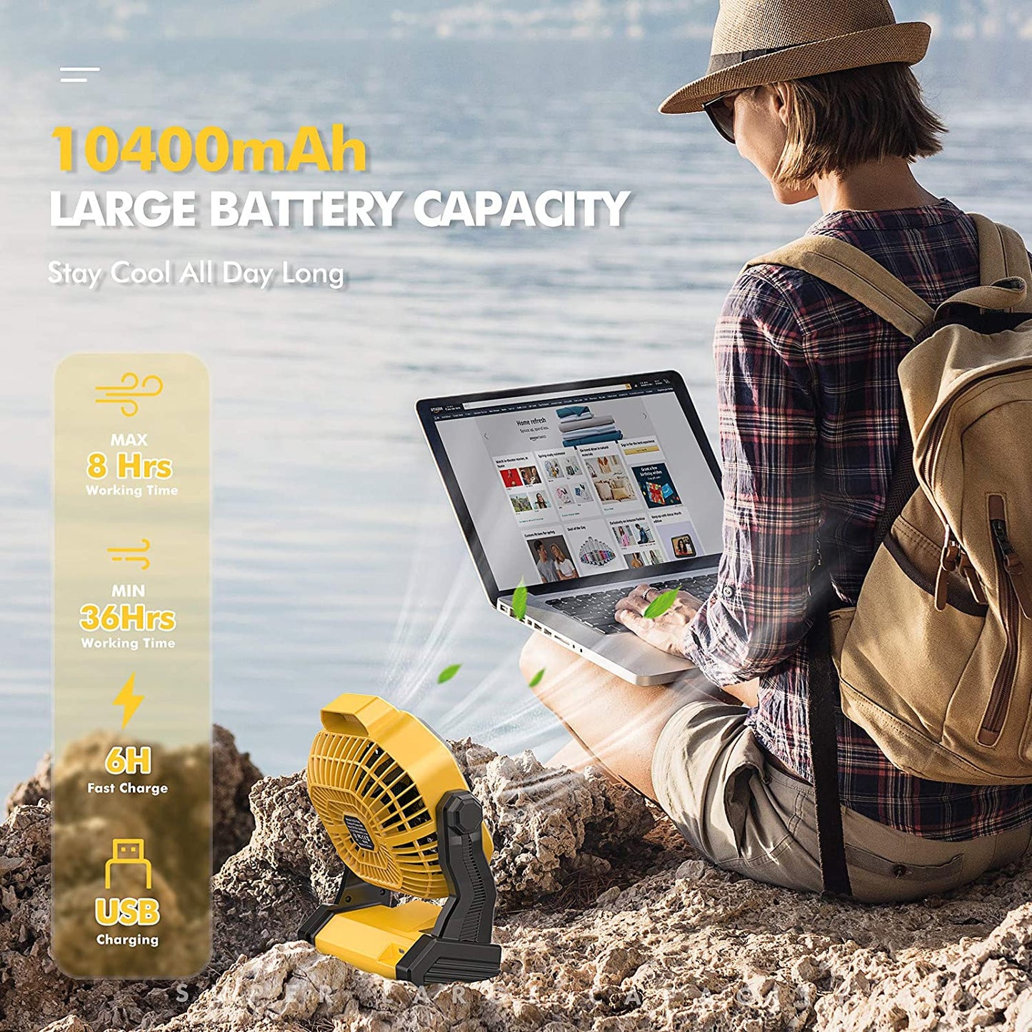 Camping Fan with LED Lantern, 36 Hours 9 Inch Portable Rechargeable Battery Powered Fan with Stepless Speed and Quiet Battery Operated for Picnic, Barbecue, Fishing, Travel, Home, Tent