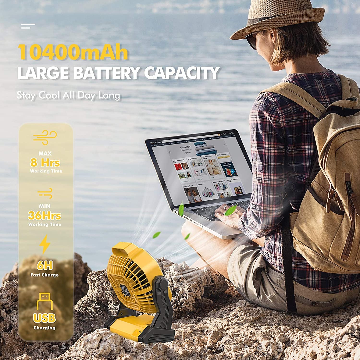 Camping Fan with LED Lantern, 36 Hours 9 Inch Portable Rechargeable Battery Powered Fan with Stepless Speed and Quiet Battery Operated for Picnic, Barbecue, Fishing, Travel, Home, Tent