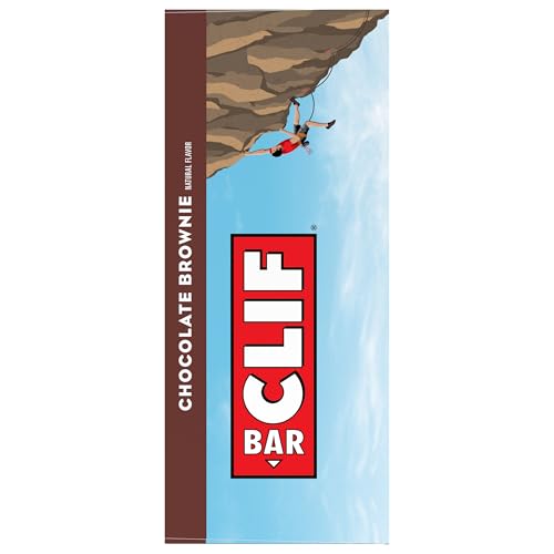 Clif Bar chocolate brownie packaging with a climber on a cliff background