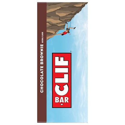Clif Bar chocolate brownie packaging with a climber on a cliff background