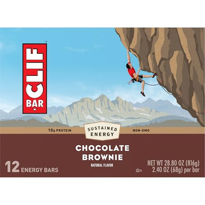 Clif Bar chocolate brownie energy bar packaging with a climber on a mountain.