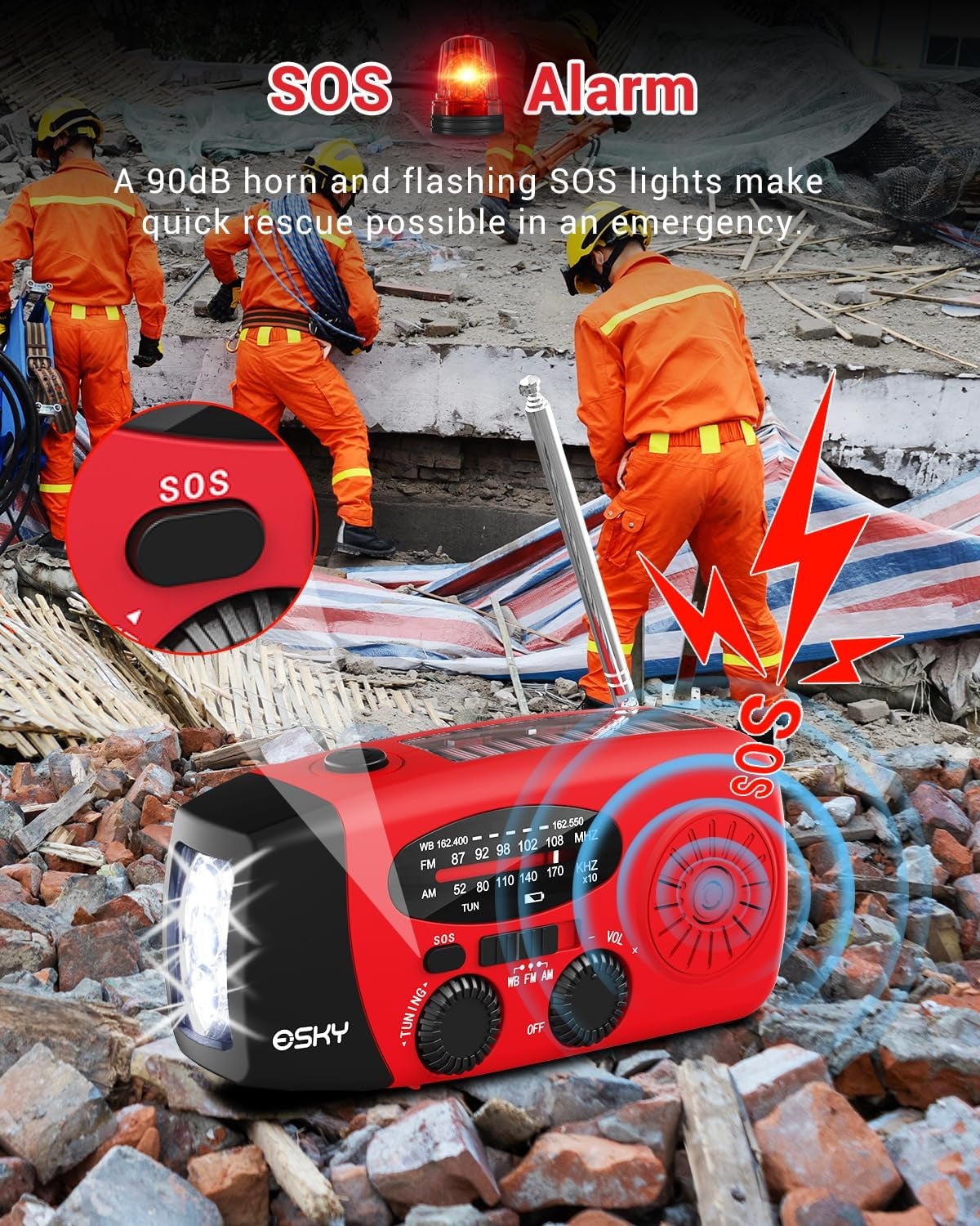 Emergency Hand Crank Radio 7400Mwh with 3 LED Flashlight, AM/FM/NOAA Portable Weather Radio with Power Bank Phone Charger, Solar Powered Rechargeable Radio for Indoor Survival Camping, SOS Alarm