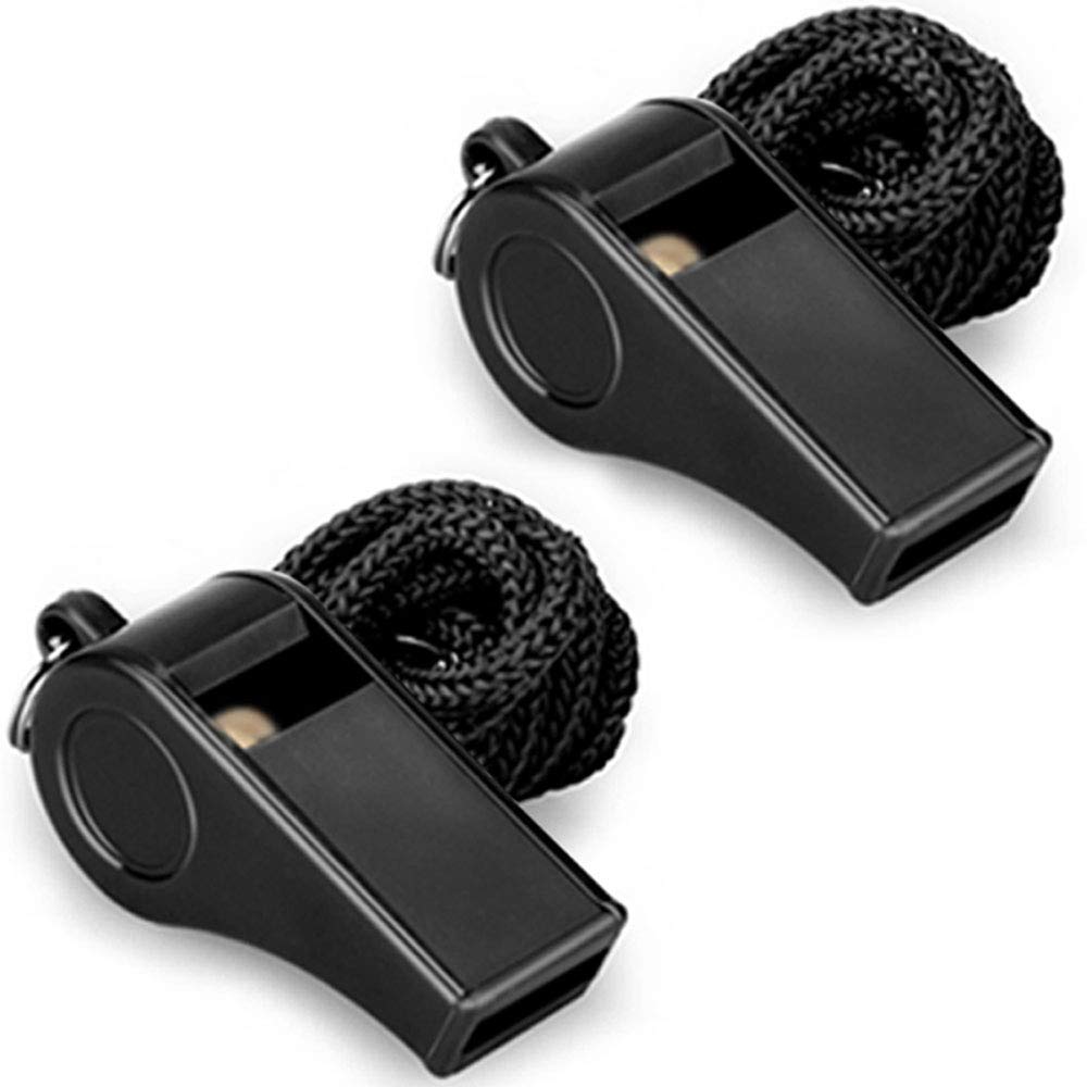 Two black whistles with lanyards 