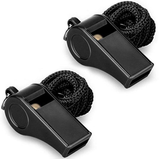 Two black whistles with lanyards 