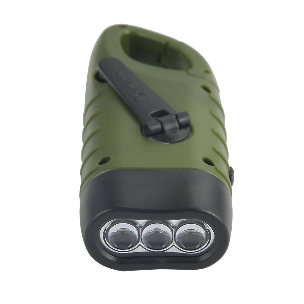 Green flashlight with three LED lights on a white background