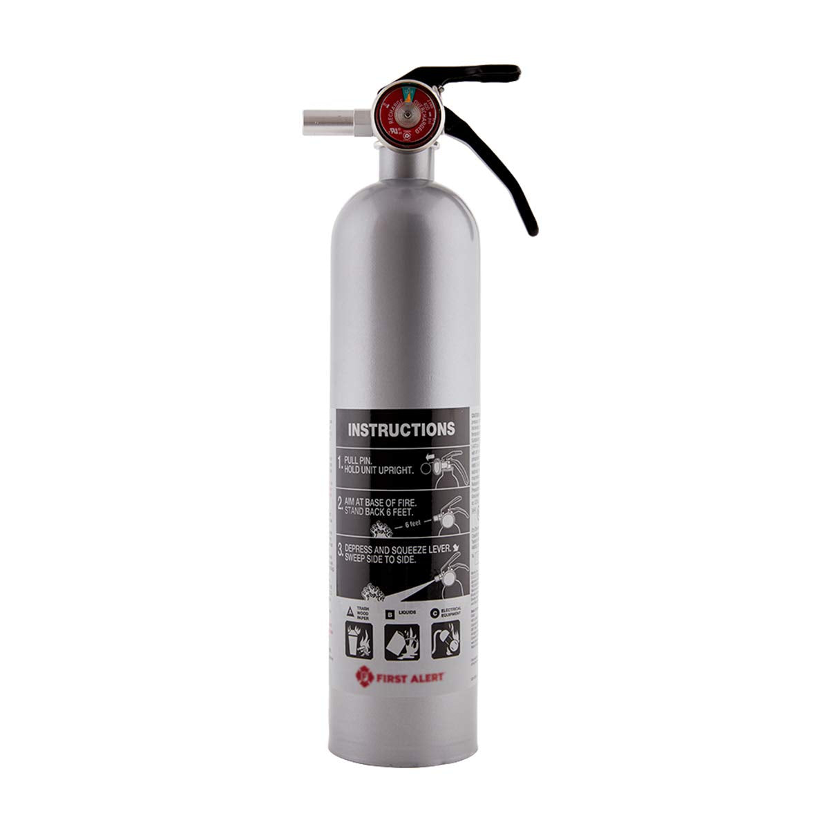 Silver fire extinguisher with black label on a white background