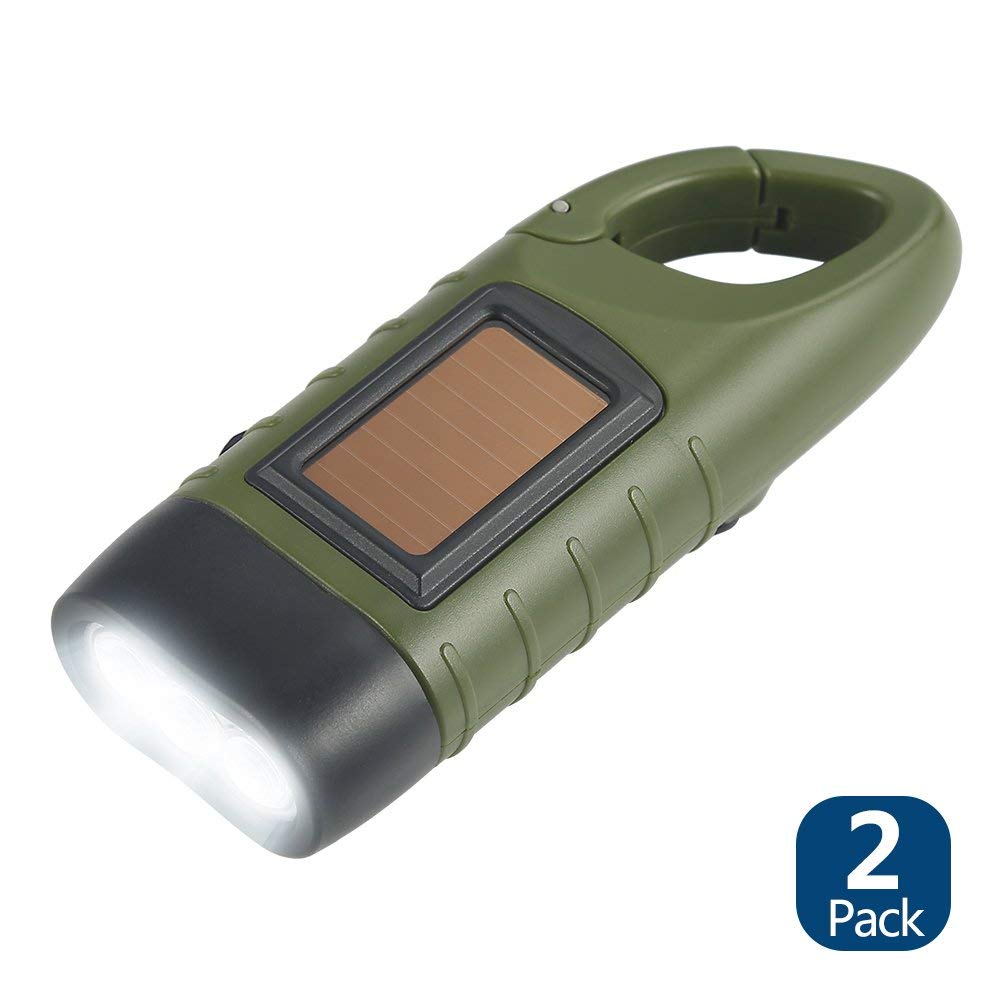 Green flashlight with solar panel on a white background, labeled '2 Pack'.
