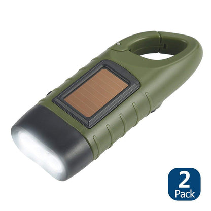 Green flashlight with solar panel on a white background, labeled '2 Pack'.