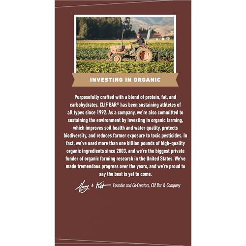 CLIF BAR & Company advertisement with a farmer in a field and text about organic farming investment.