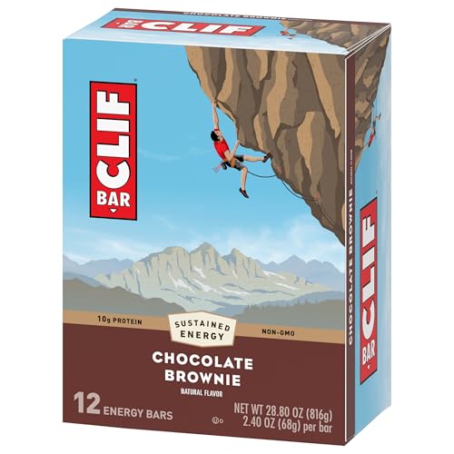 Clif Bar chocolate brownie energy bars packaging with a climber on a mountain.