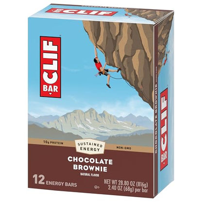 Clif Bar chocolate brownie energy bars packaging with a climber on a mountain.