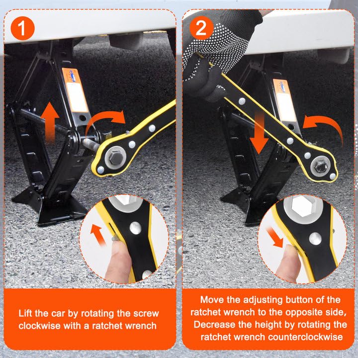 Instructions on how to use a car jack with a ratchet wrench.