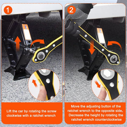 Instructions on how to use a car jack with a ratchet wrench.