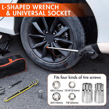 L-shaped wrench and universal socket set with car tire and tool bag on a gray surface.