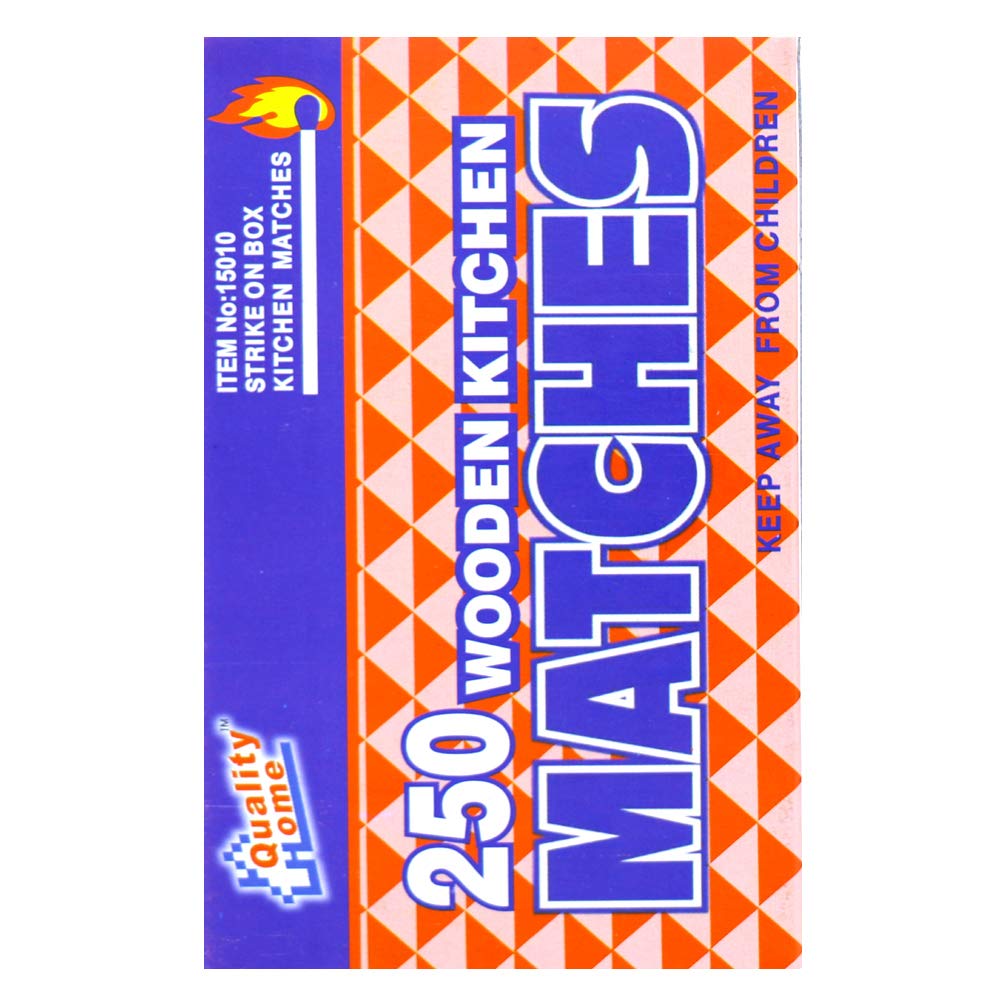 Wooden kitchen matches box with 250 strike-on-box matches, safety warning label and colorful packaging design
