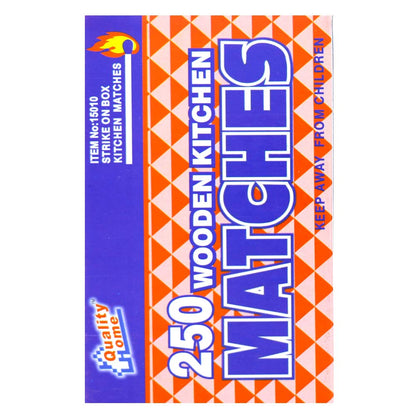 Wooden kitchen matches box with 250 strike-on-box matches, safety warning label and colorful packaging design
