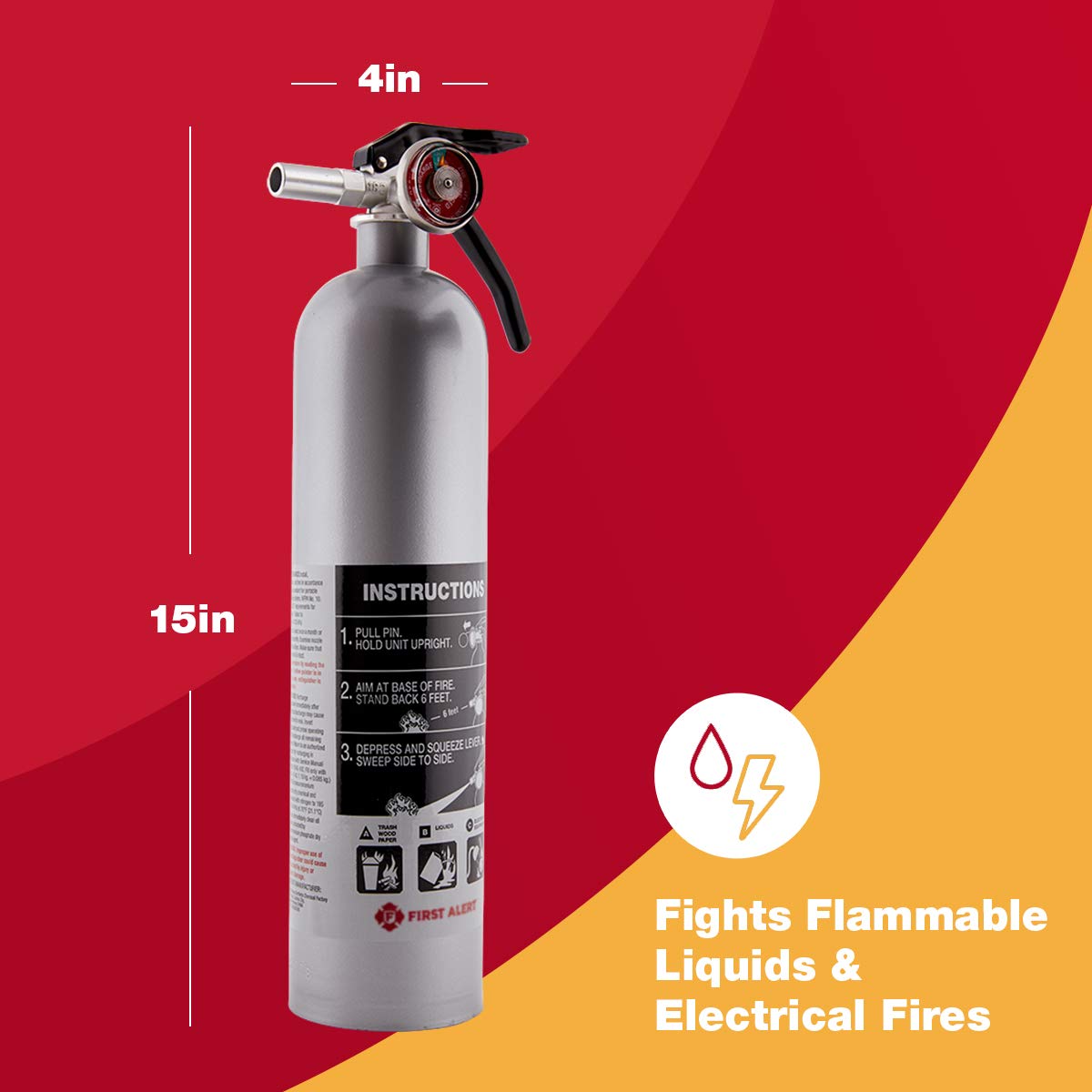 Fire extinguisher with dimensions and safety information 
