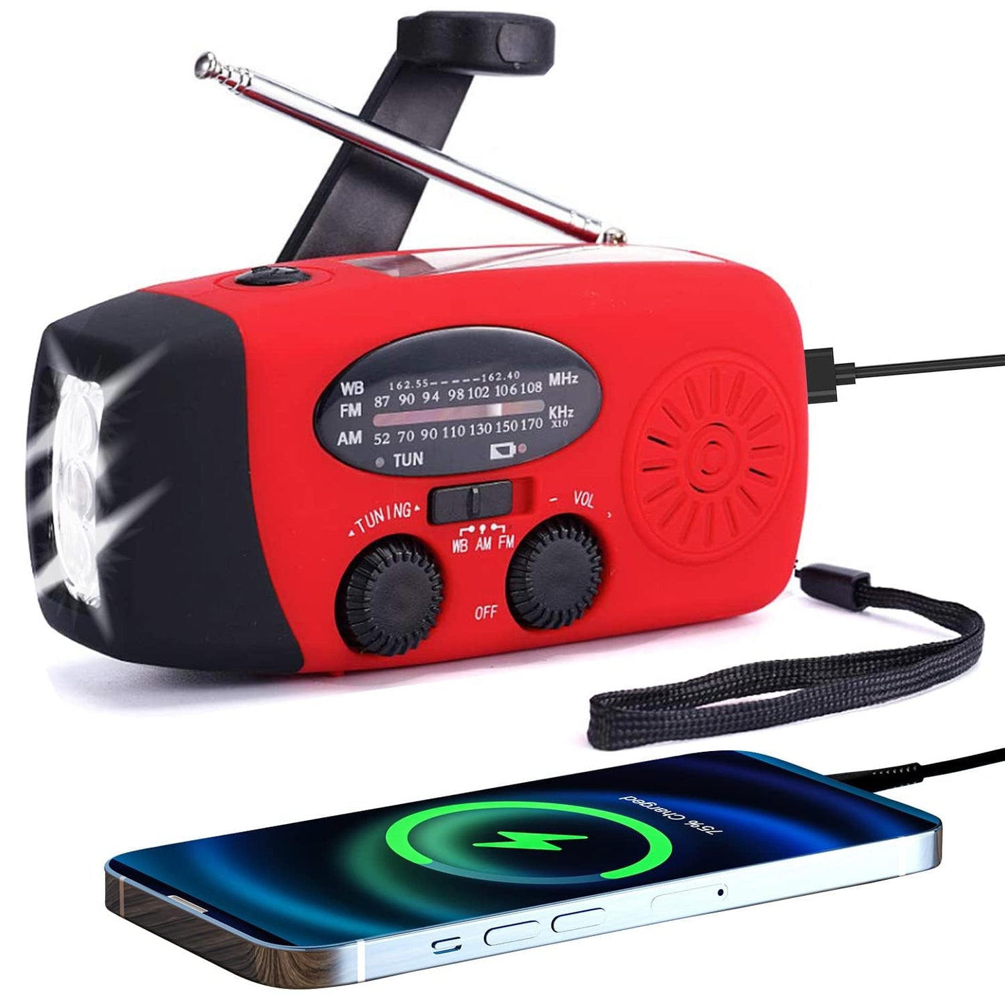TFTDOUP FM/AM/NOAA Weather Radio Hand Crank Self Powered Solar Portable Mini Emergency Survival Radios with 3 LED Super Bright Flashlight 2000mah Battery Operated Power Smart Phone Charger,SOS