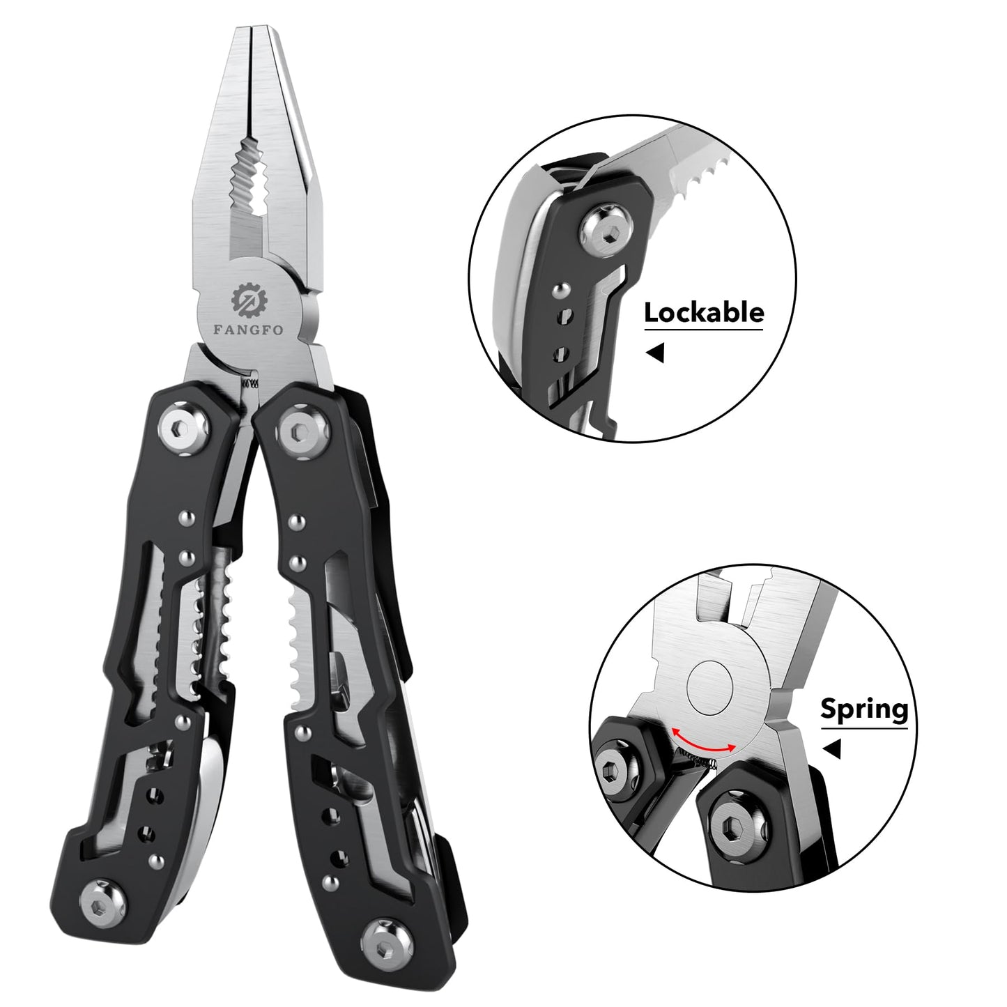 Multi-tool pliers with lockable safety mechanism and spring-loaded design for easy, secure and efficient everyday use
