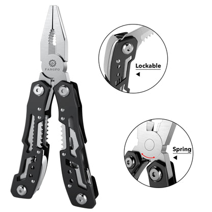 Multi-tool pliers with lockable safety mechanism and spring-loaded design for easy, secure and efficient everyday use
