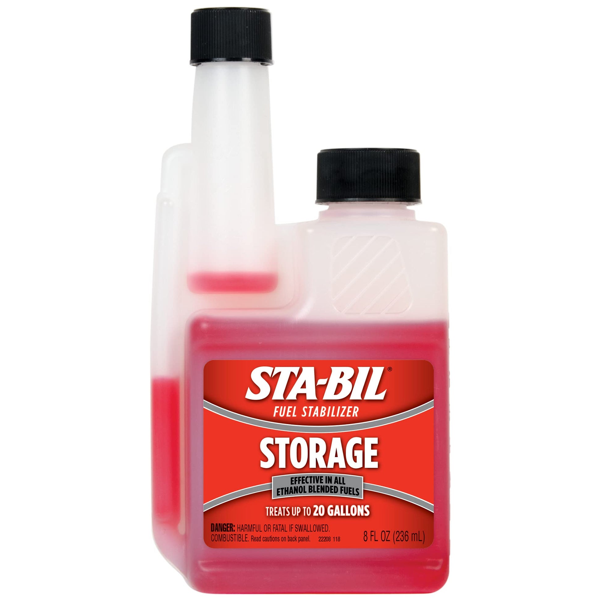 STA-BIL fuel stabilizer bottle with red liquid on a white background