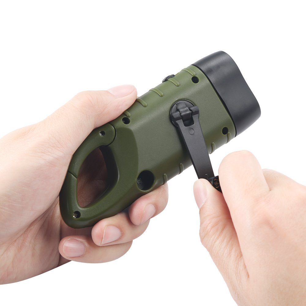 Green flashlight held in a hand with a white background