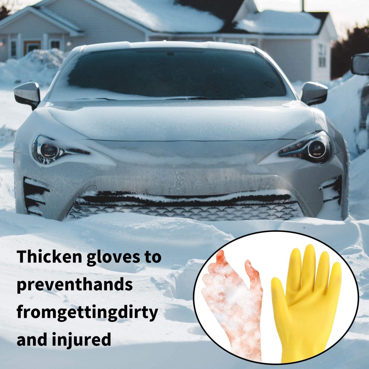 Snow-covered car with protective rubber gloves for safe tire traction use and hand protection in winter conditions
