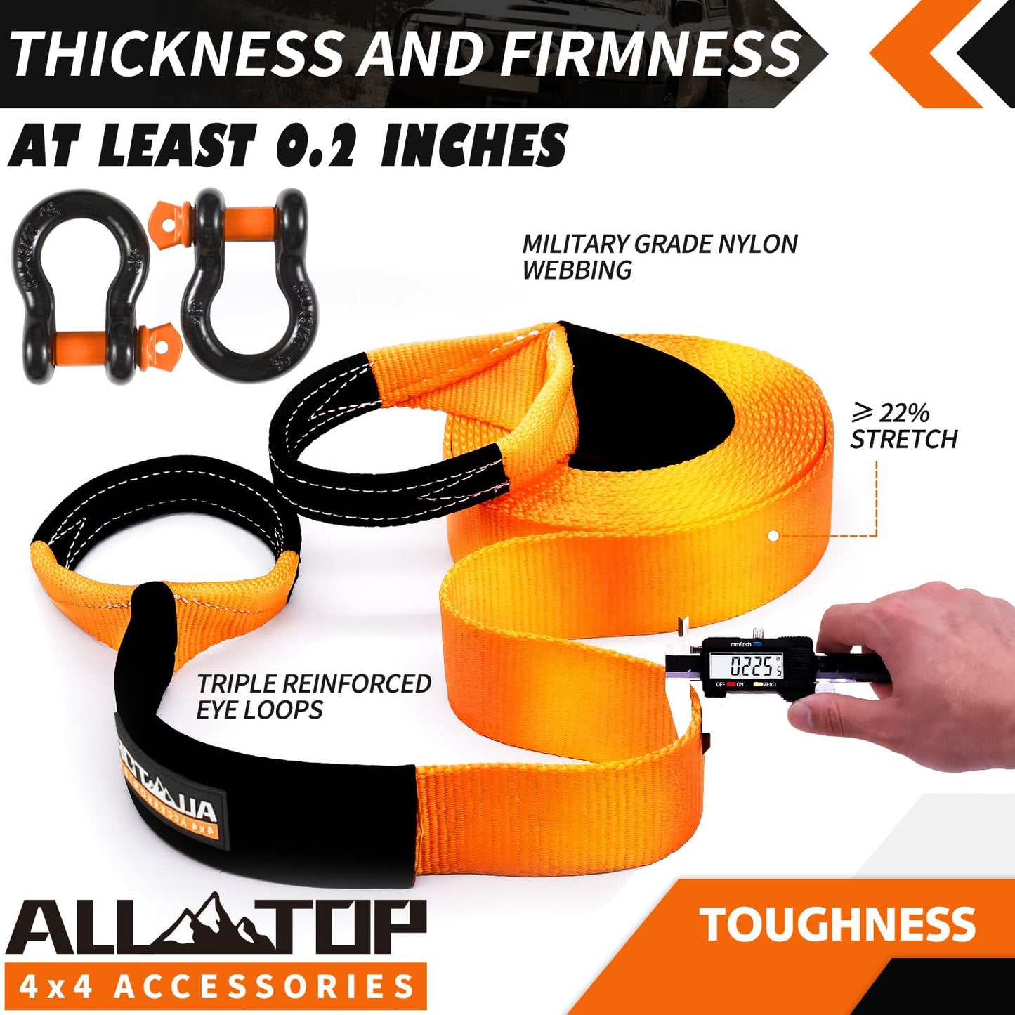 Orange towing strap with measurement and product details 