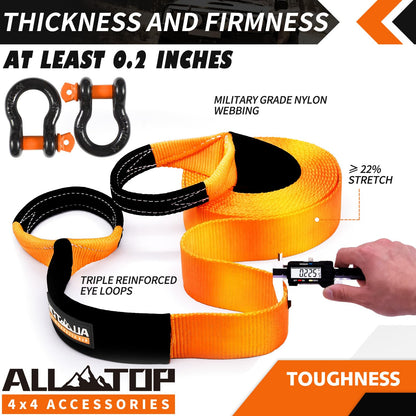 Orange towing strap with measurement and product details 