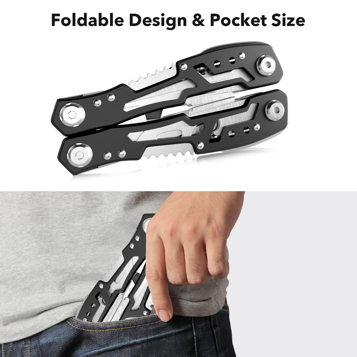 Foldable pocket-size multi-tool pliers with compact design for easy carry in pocket, ideal for everyday use and outdoor tasks
