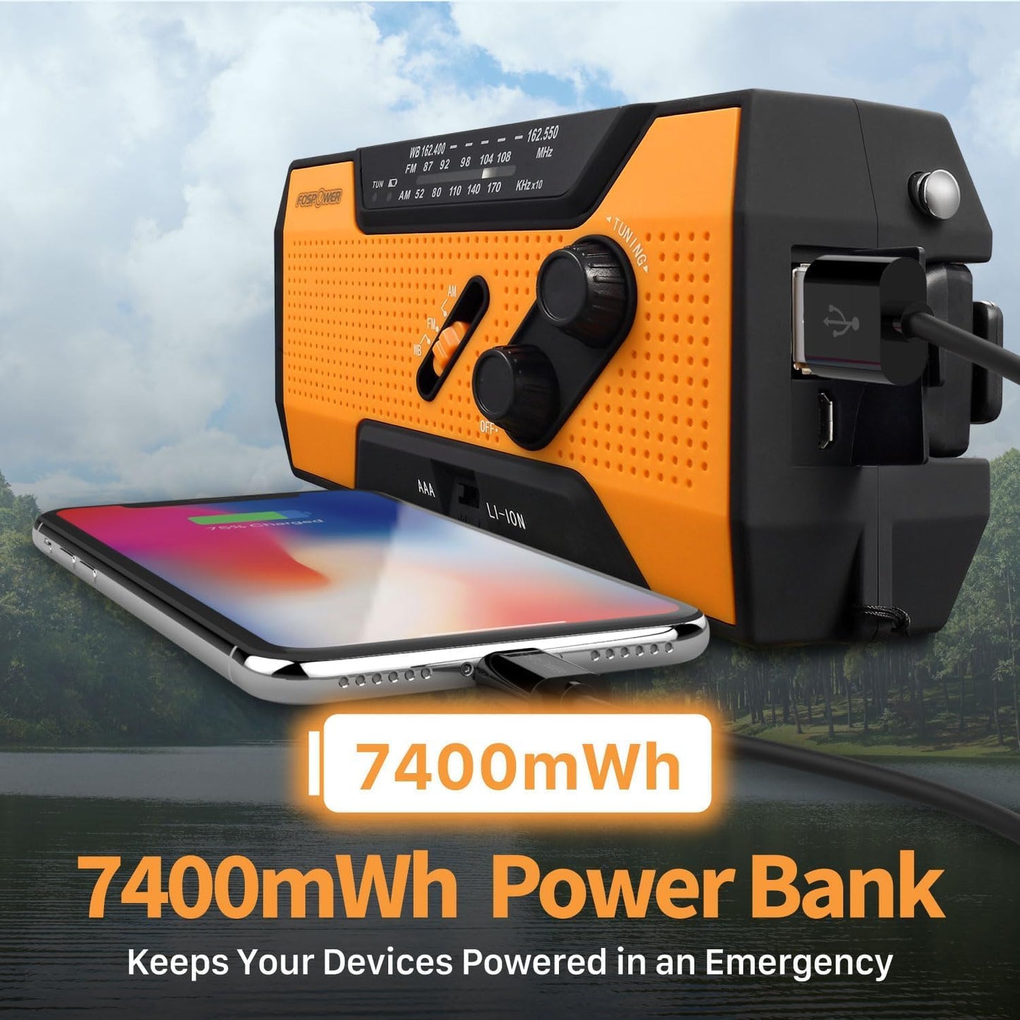 FosPower NOAA Emergency Weather Radio A1 7400mWh Portable Power Bank, AM/FM, USB/Solar/Hand Crank Charging, Battery Operated, SOS Alarm & Flashlight for Indoor/Outdoor Emergency - Orange