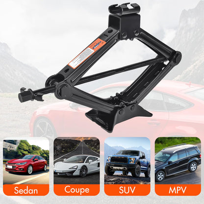Car jack with a white car in the background and vehicle types below.