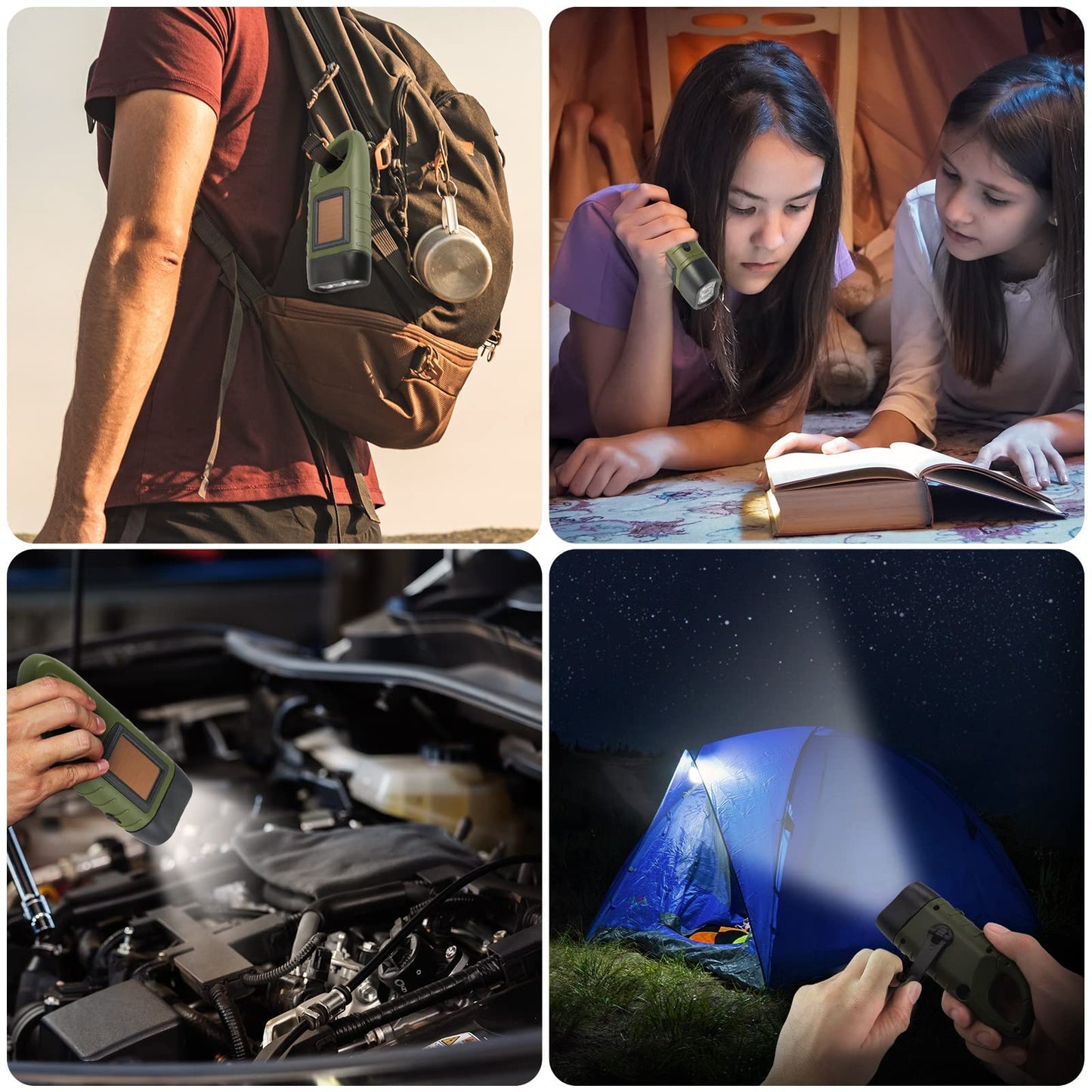 Collage of a person with a backpack, two people reading a map, a hand using a flashlight under a car hood, and a tent with a flashlight.