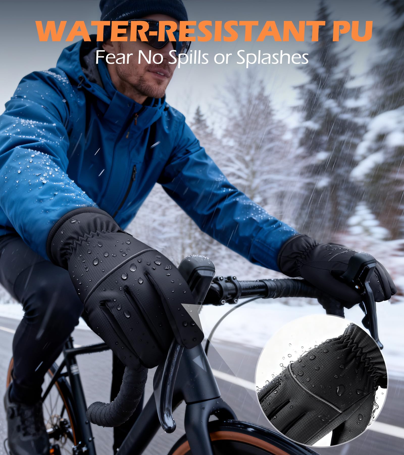 Person riding a bike in winter gear with water-resistant gloves, surrounded by snow-covered trees.