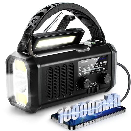 Portable radio with flashlight and phone charging feature on a white background