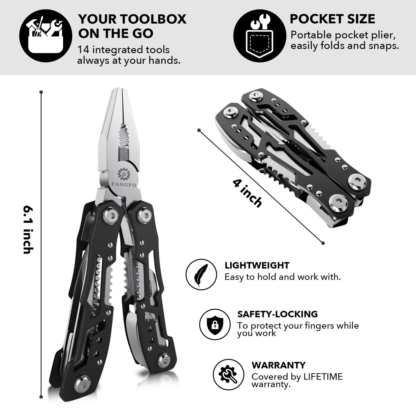 Compact 14-in-1 multi-tool pliers with pocket size foldable design, lightweight build, safety lock and lifetime warranty
