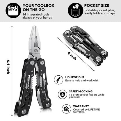 Compact 14-in-1 multi-tool pliers with pocket size foldable design, lightweight build, safety lock and lifetime warranty
