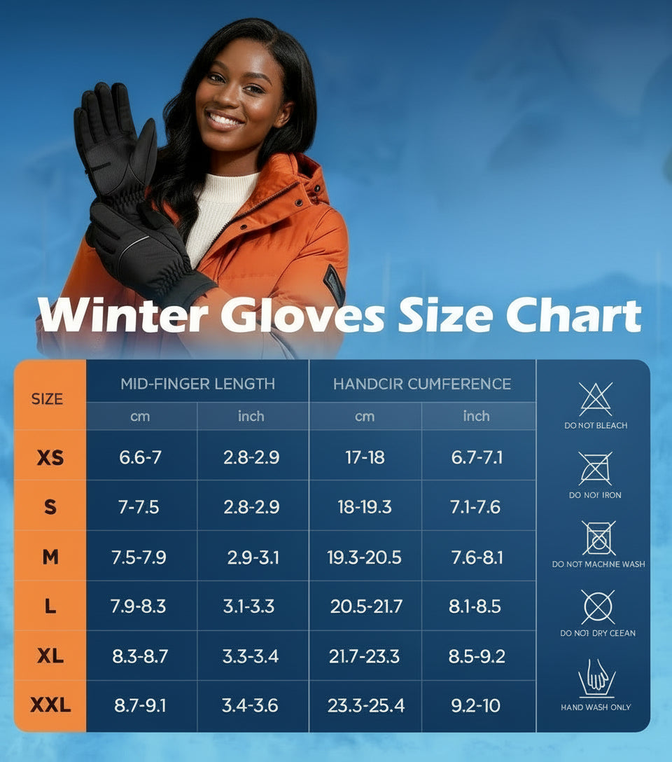 Winter gloves size chart with a model wearing gloves against a blue background