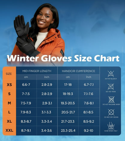 Winter gloves size chart with a model wearing gloves against a blue background