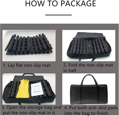 Step-by-step guide to fold and store tire traction mats with gloves in a portable storage bag for easy car emergency use
