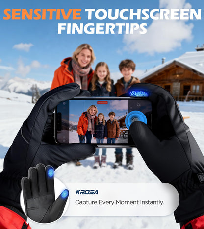 Person using a smartphone with Krosa touchscreen gloves in a snowy landscape.