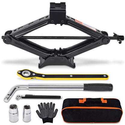 Set of automotive tools including a jack, wrenches, gloves, and a carrying case 