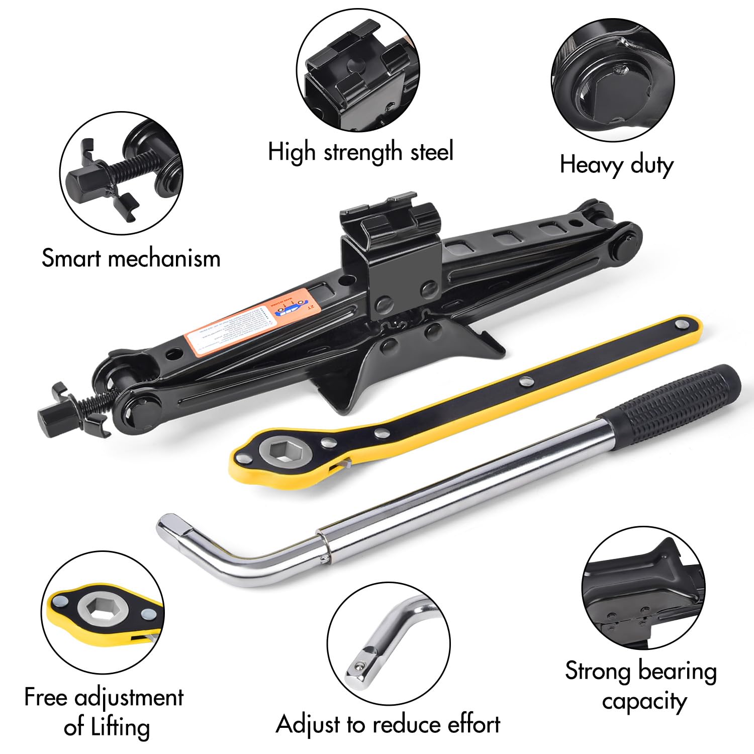Trolley jack with wrench on a white background, featuring text labels about its features.