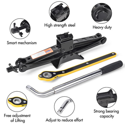 Trolley jack with wrench on a white background, featuring text labels about its features.