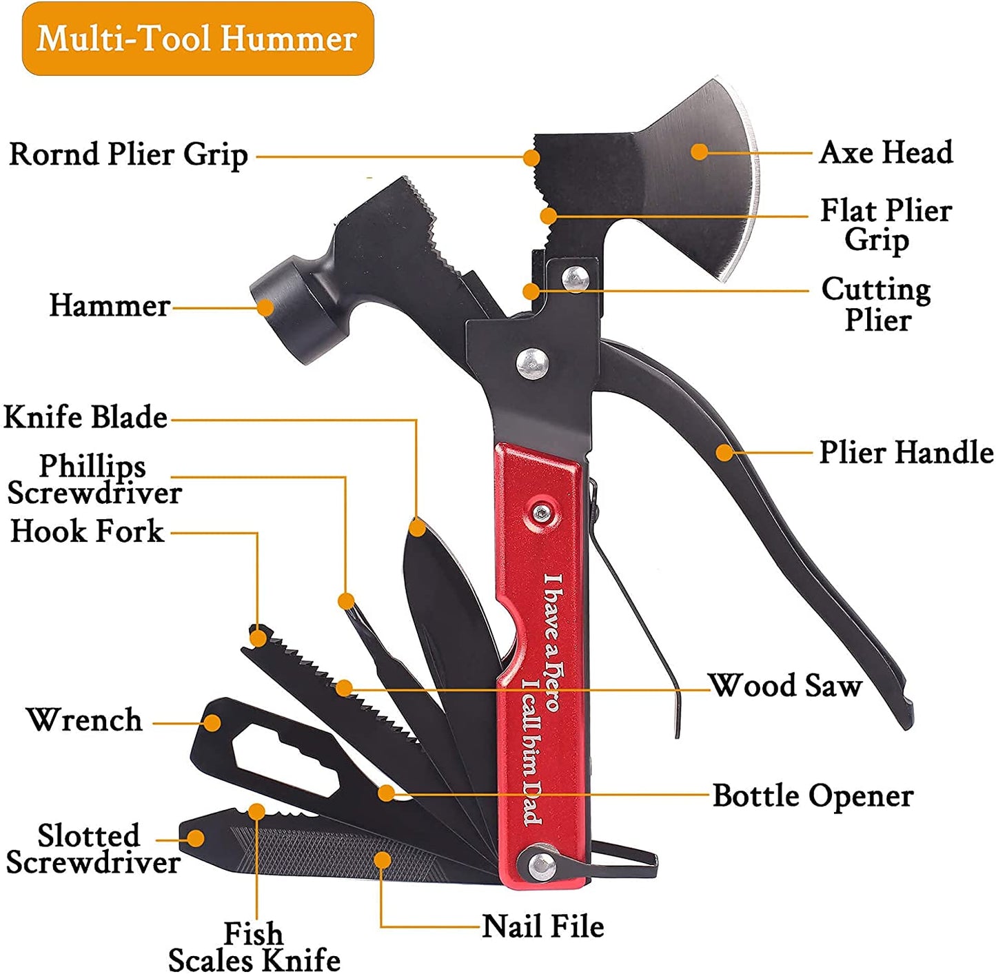 Multitool Camping Multipurpose Tool Accessories Survival Gear and Equipment 14 in 1 Hatchet with Hammer Saw Screwdrivers Pliers Bottle Opener Durable Ideal Gifts for Men Women