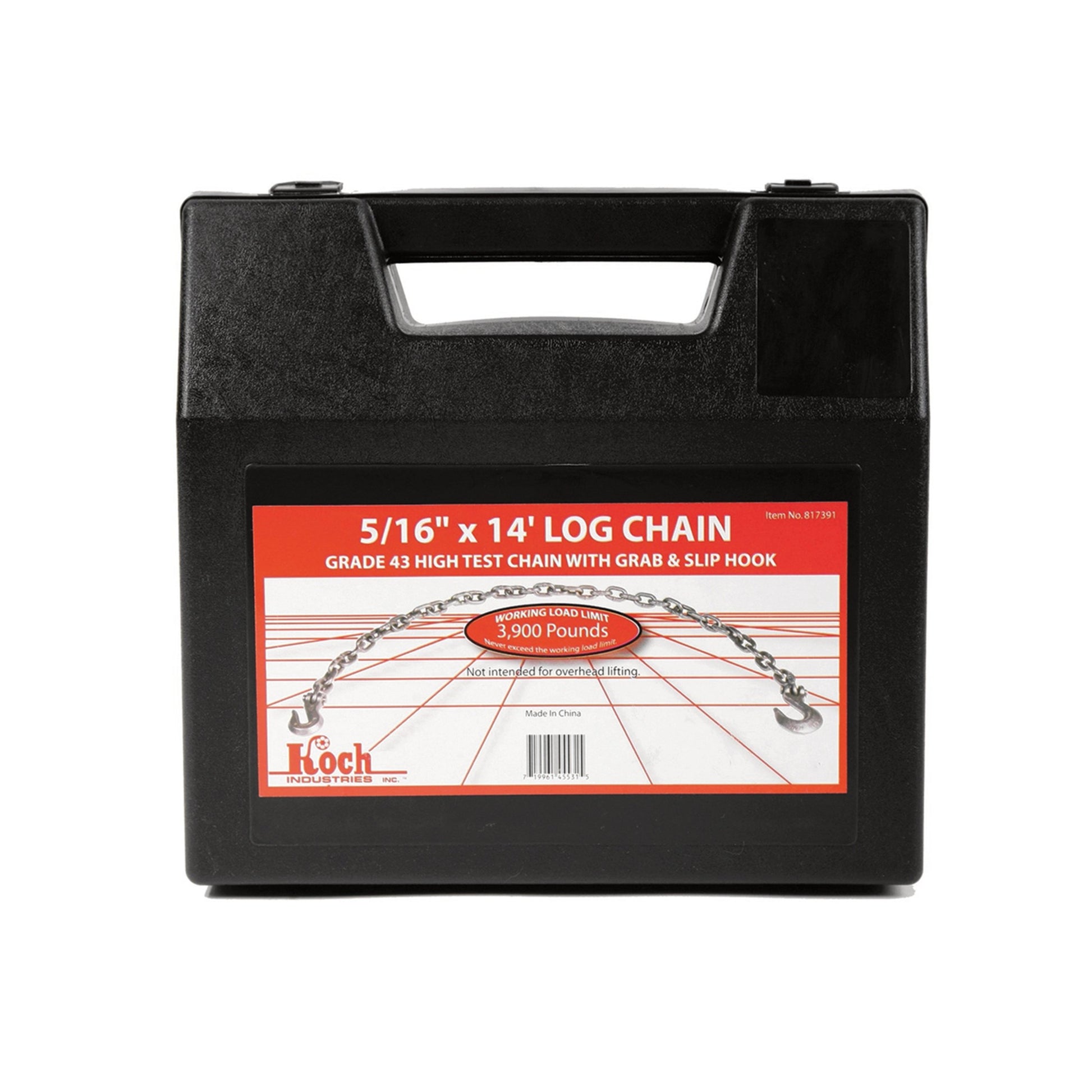 Black carrying case with a red label featuring log chain specifications 