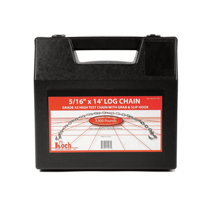 Black carrying case with a red label featuring log chain specifications 