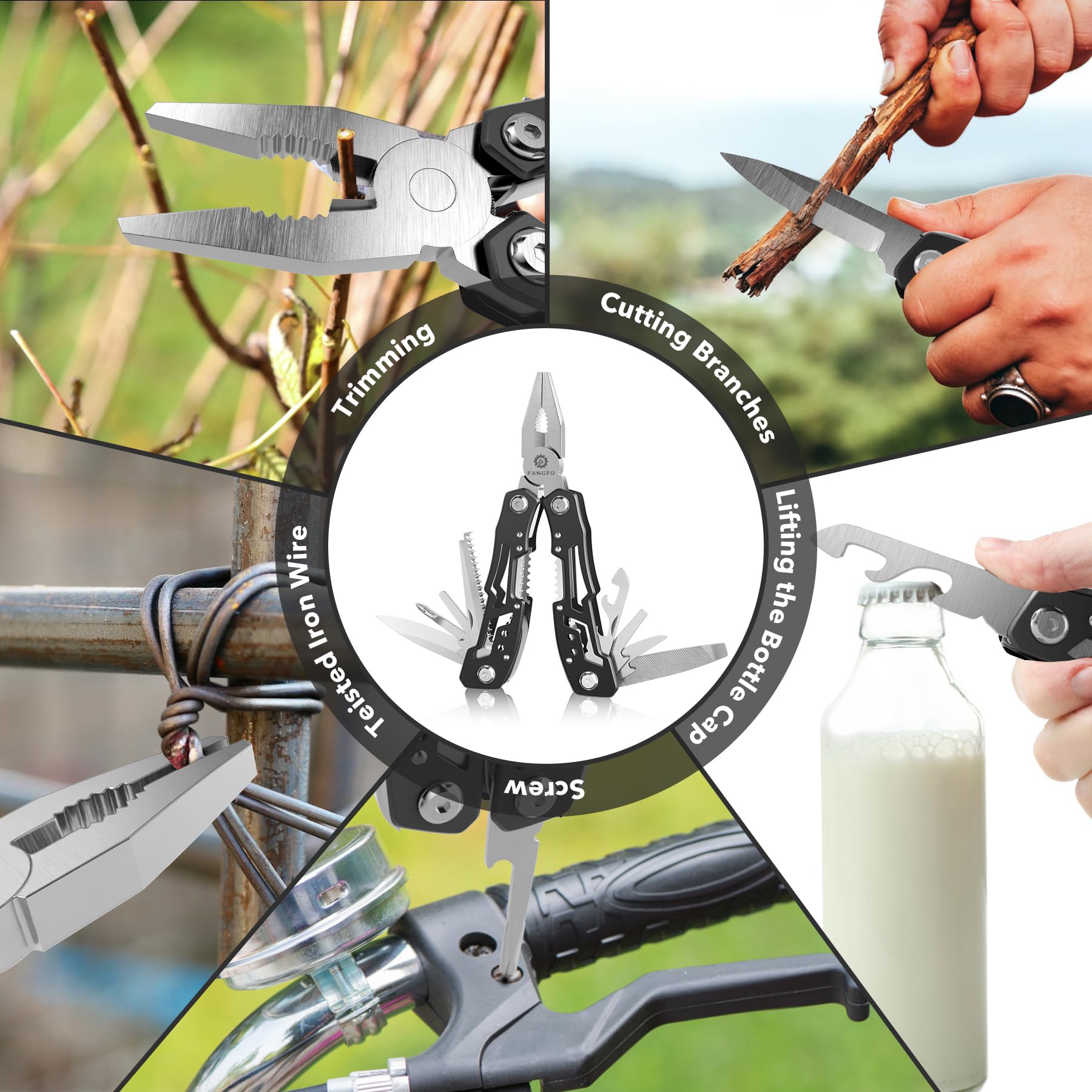 Multi-tool pliers with versatile functions including wire cutting, branch trimming, bottle opening and screwdriver use for outdoor and everyday tasks
